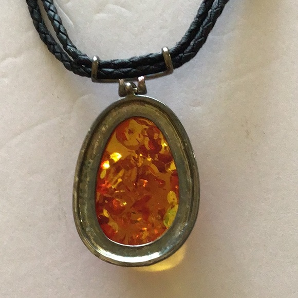 Large ORANGE pendant,Black leatherette braid Cords - Picture 4 of 5